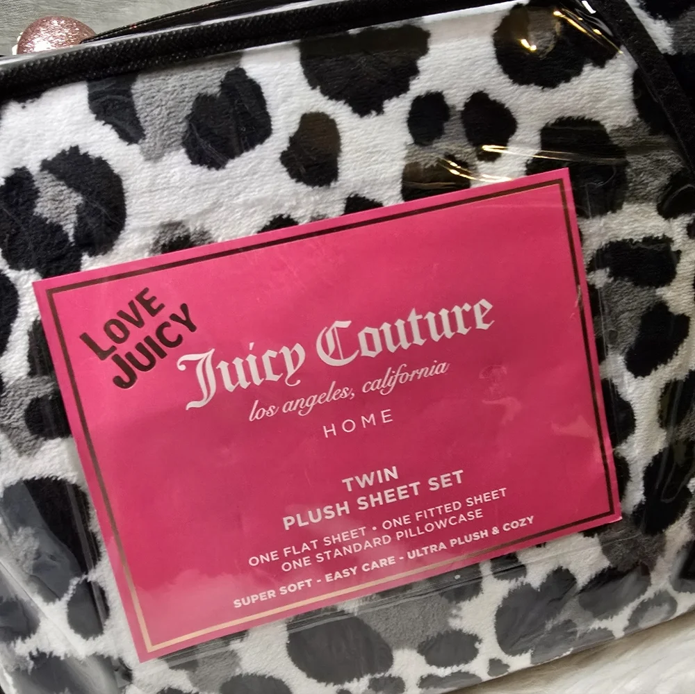 Juicy Couture 4pc Twin Plush Sheet Set Black Grey Leopard Print Super Soft&Cozy